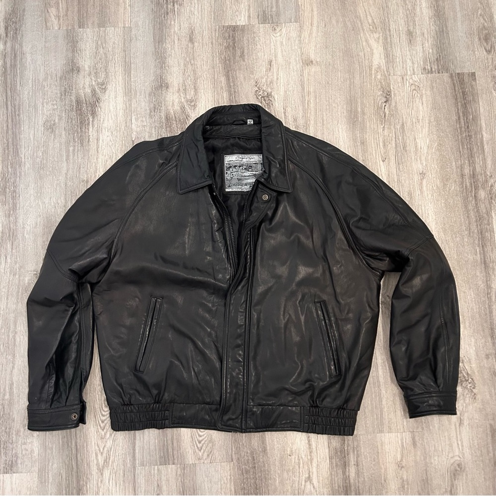 Vtg 90s Sawyer of Napa Black Leather Jacket Aviator Bomber Mens L XL Soft Moto